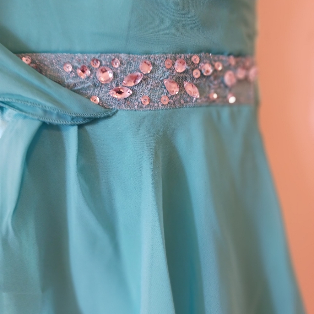 B.DARLIN evening short dress original 90's chiffon and Satin aqua blue sz. S-M - Picture 9 of 10